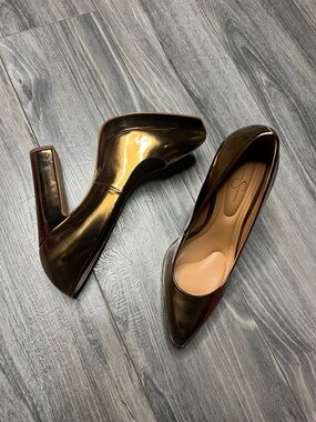 Jessica Simpson Metallic Bronze Pointed Toe Block Heel Pumps